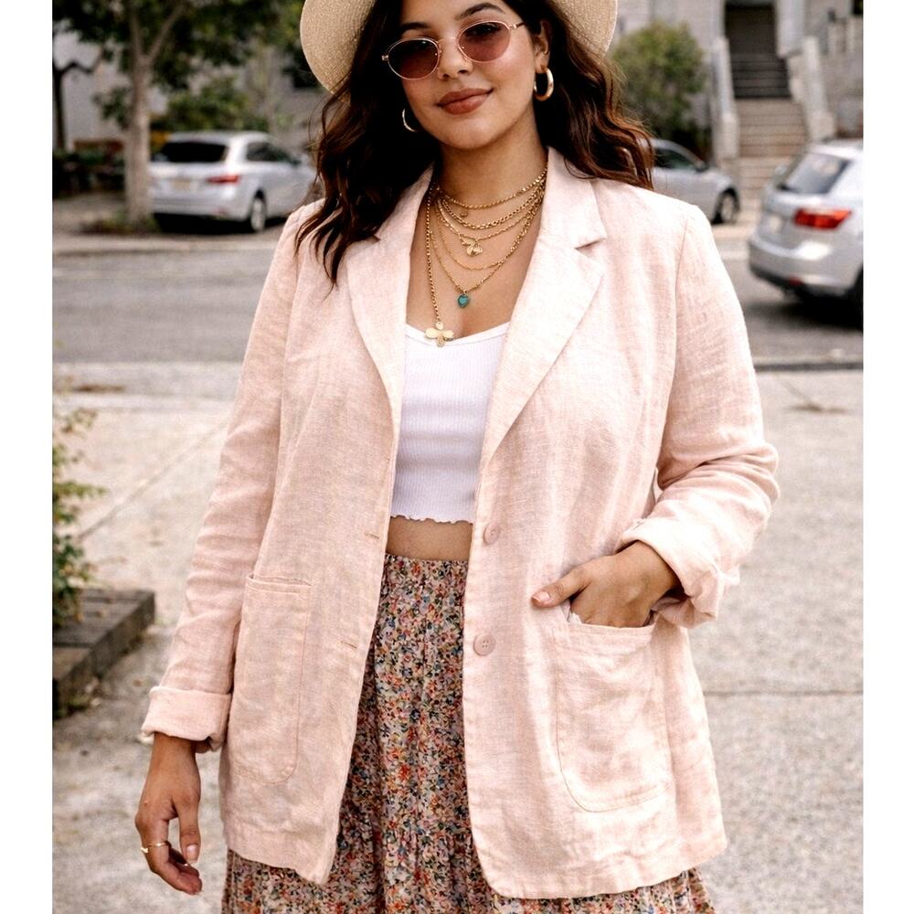 Rachel Zoe Linen Blazer Women's Blush Neutral Longline Lightweight Boho Chic